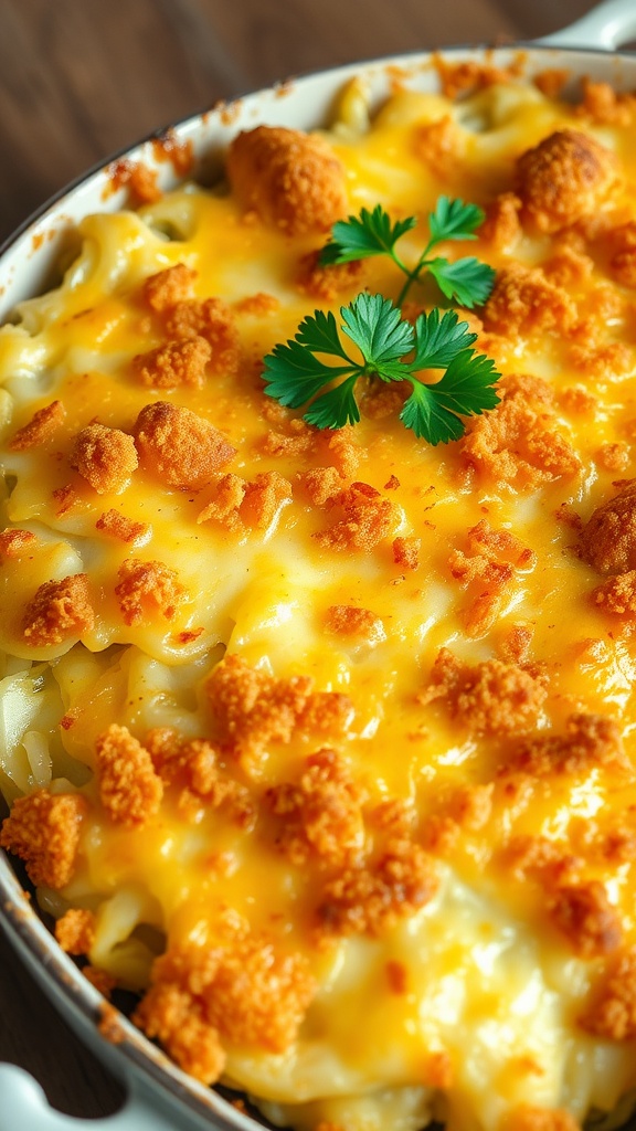 Cheesy Scalloped Cabbage Bake Cheesy scalloped cabbage bake in a rustic dish, topped with breadcrumbs and parsley, ready to serve.